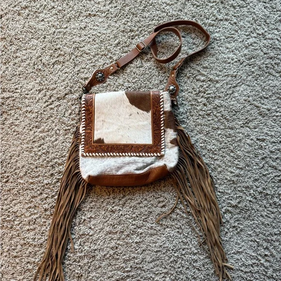 Brown and White Cowhide Fringe Crossbody Myra Bag - Picture 1 of 8